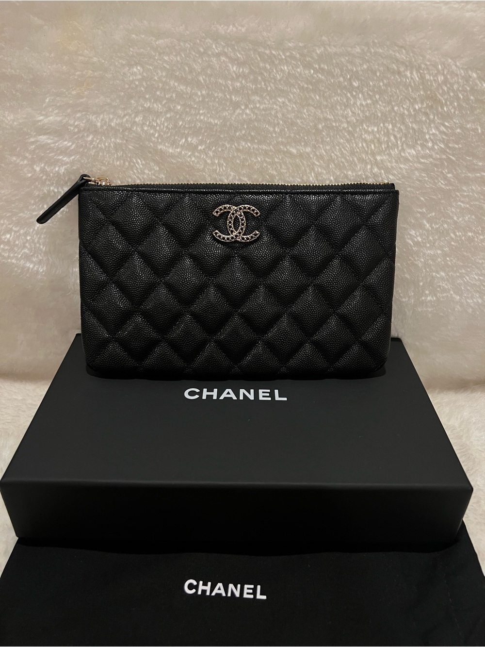 Chanel Crystal CC Logo Black Quilted Caviar Pouch (2023)